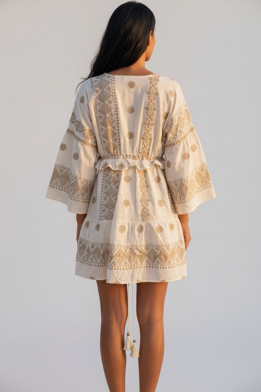 Beige Boho-Tunika mit Bindegürtel – Rückansicht
