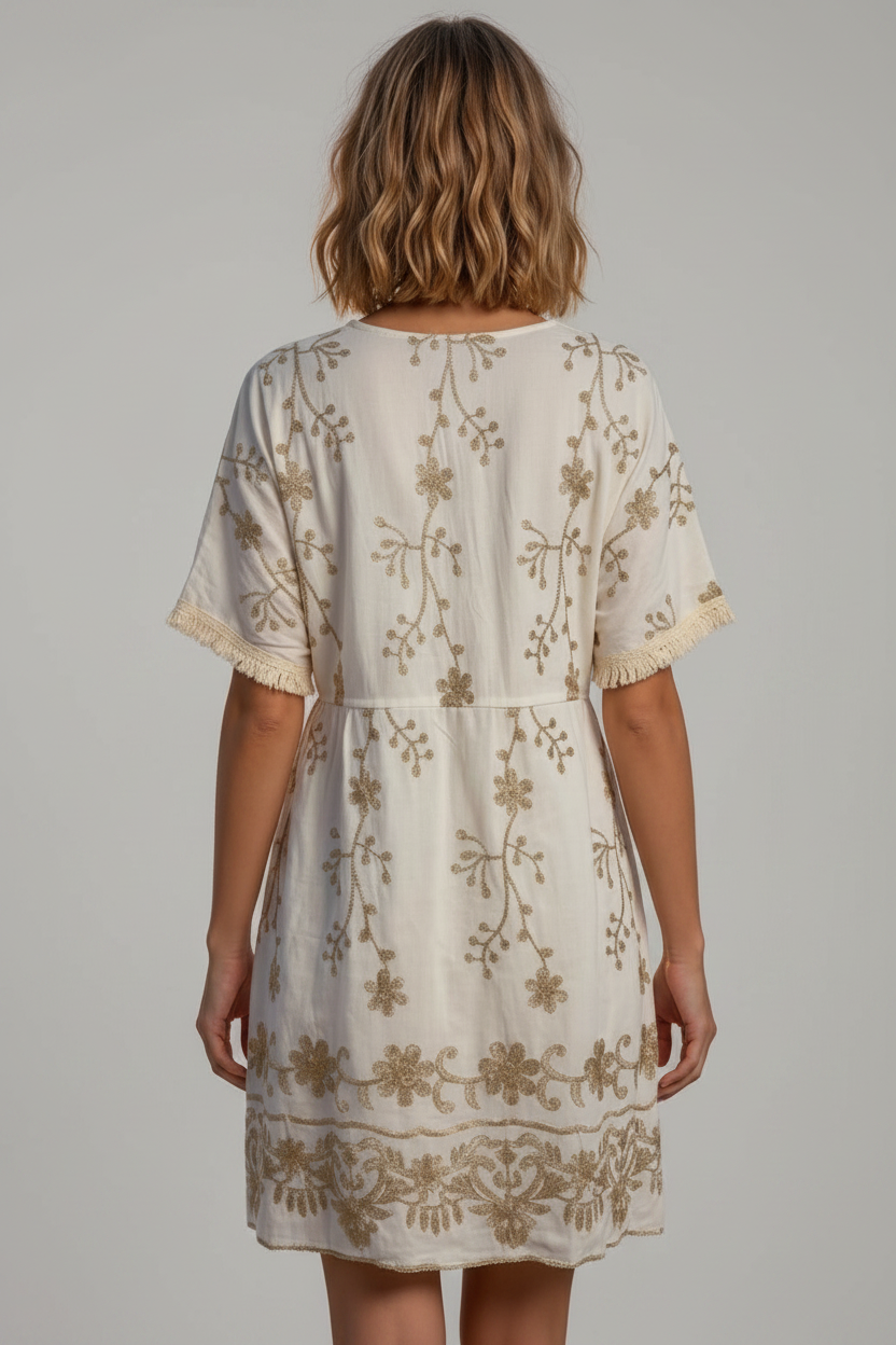 Beiges Boho-Kleid mit Stickerei – Rückansicht