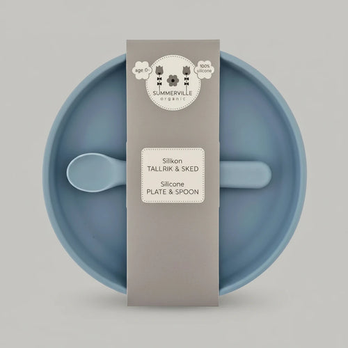 Blaues Baby Silikon-Teller & Löffel Set mit Verpackung