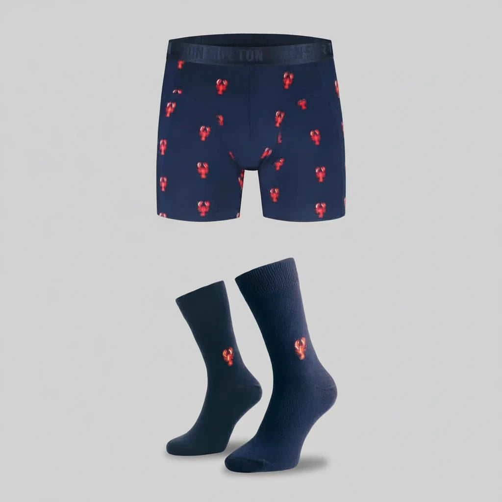 Boxershorts und Socken Geschenkset Herren in Dunkelblau mit Hummer-Motiv
