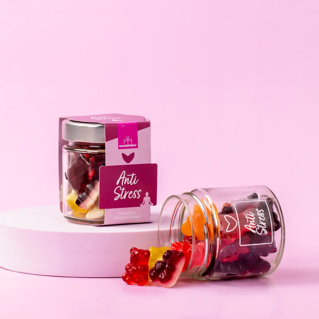 Bunte Fruchtgummis Anti-Stress im dekorativen Geschenkglas