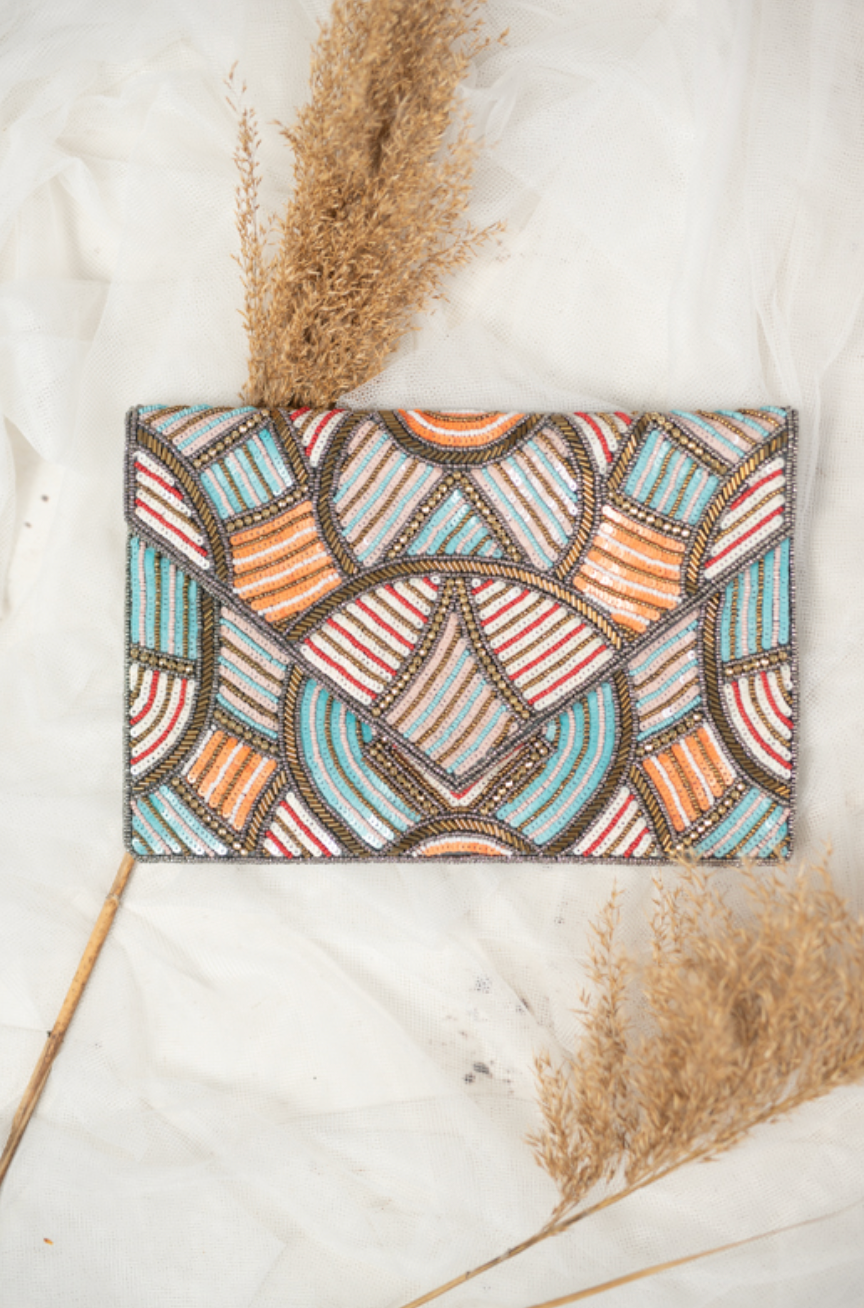 Clutchtasche mit Perlen und Pailletten in Orange Blau und Gold