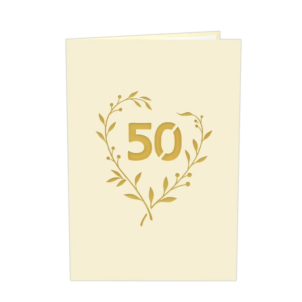 Cremefarbene Goldene Hochzeit Karte mit Zahl 50 und filigranem Blumenmotiv
