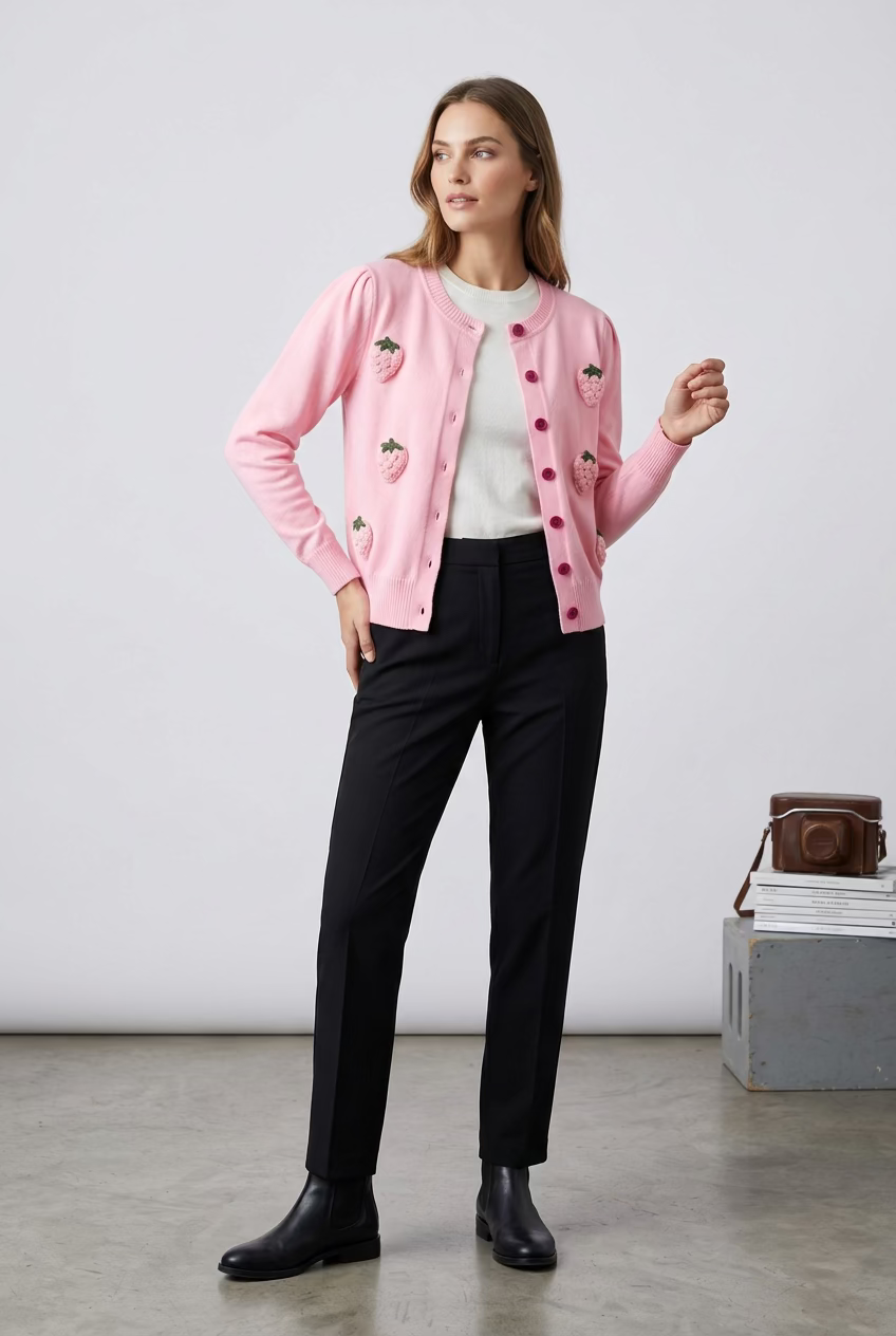 Alt-Text: Rosa Damen-Cardigan mit Erdbeer-Applikationen – Vorderansicht