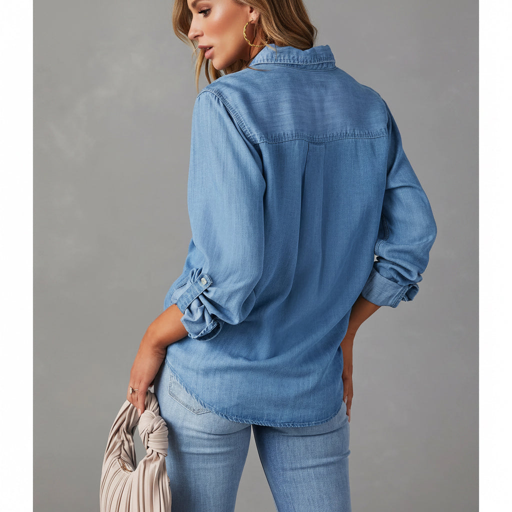 Damen Denimhemd Langarm in Hellblau – Rückansicht
