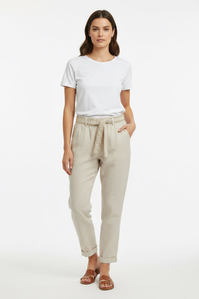Damenhose mit Bindegürtel in Beige