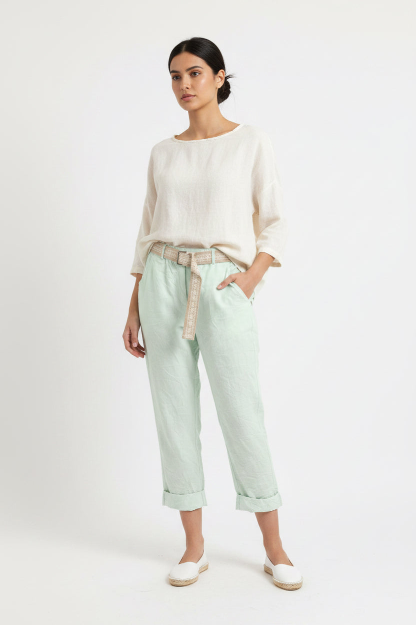 Damenhose mit Bindegürtel in Mint