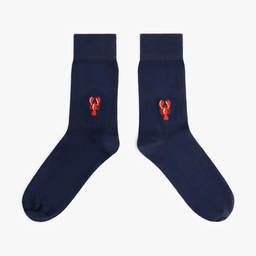 Dunkelblaue Socken mit Hummer-Motiv
