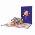 Geöffnete Happy Birthday Pop-Up Karte mit dunkelblauem Cover und bunten Ballons