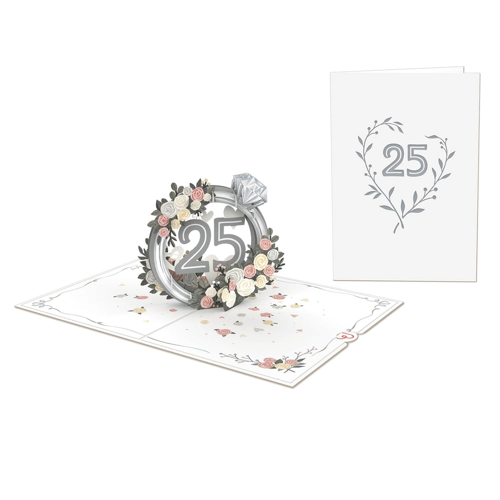 Geöffnete Pop-Up Karte zum 25. Hochzeitstag mit 3D-Ring und floralem Cover