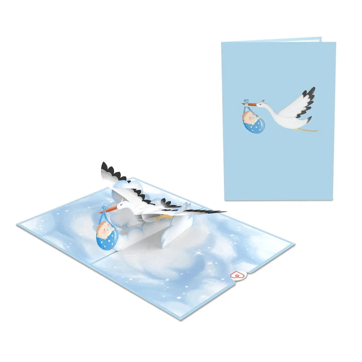 Geöffnete Storch und Baby Pop-Up Geburtskarte in Blau mit hellblauem Cover