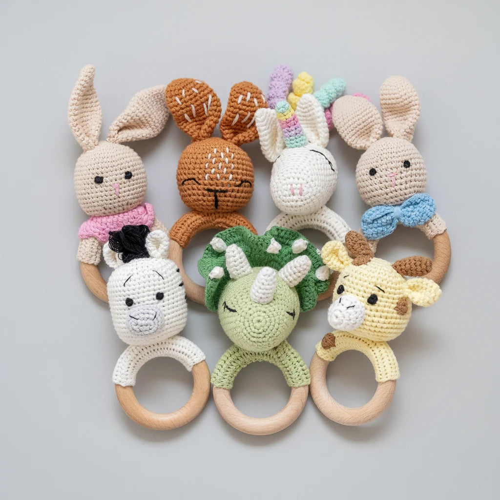 Gehäkelte Baby-Rasseln mit verschiedenen Tiermotiven
