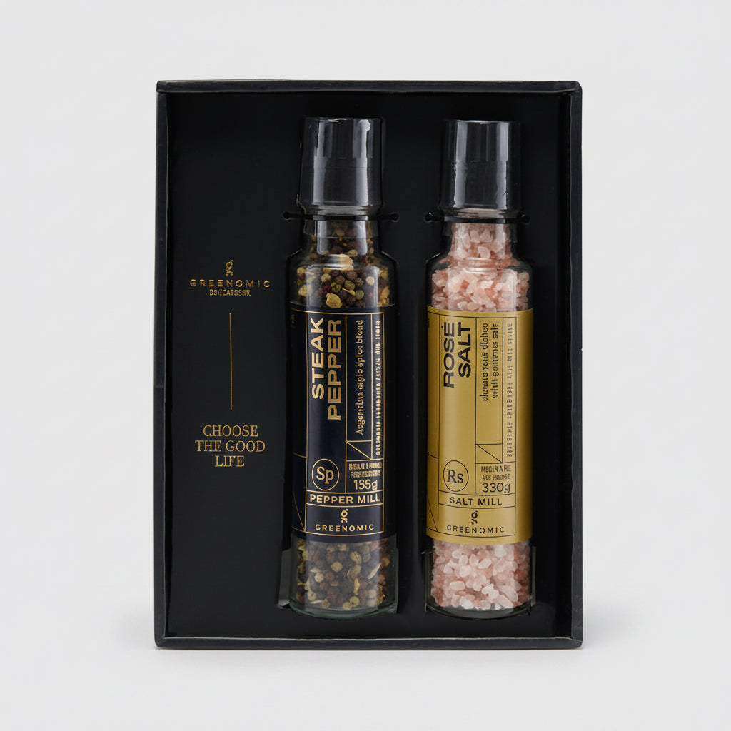 Geschenkset mit Rosé Salz und Steakpfeffer in Gewürzmühlen
