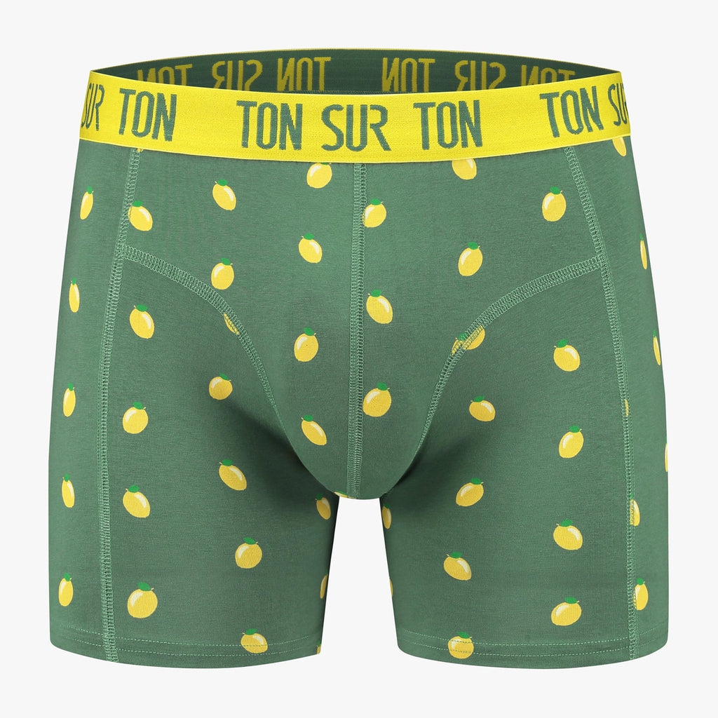 Grüne Herren-Boxershorts mit gelbem Zitronen-Motiv