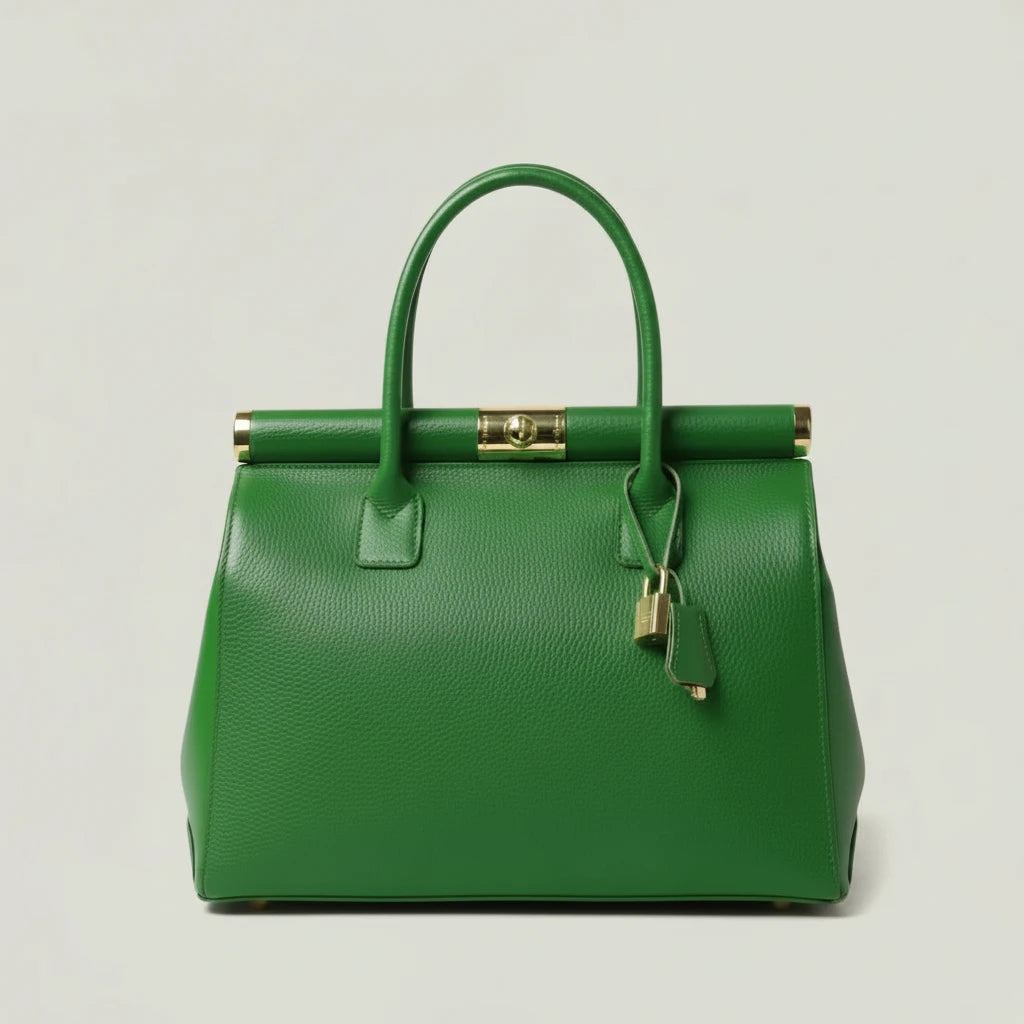 Grüne Lederhandtasche aus Italien mit goldfarbenen Details