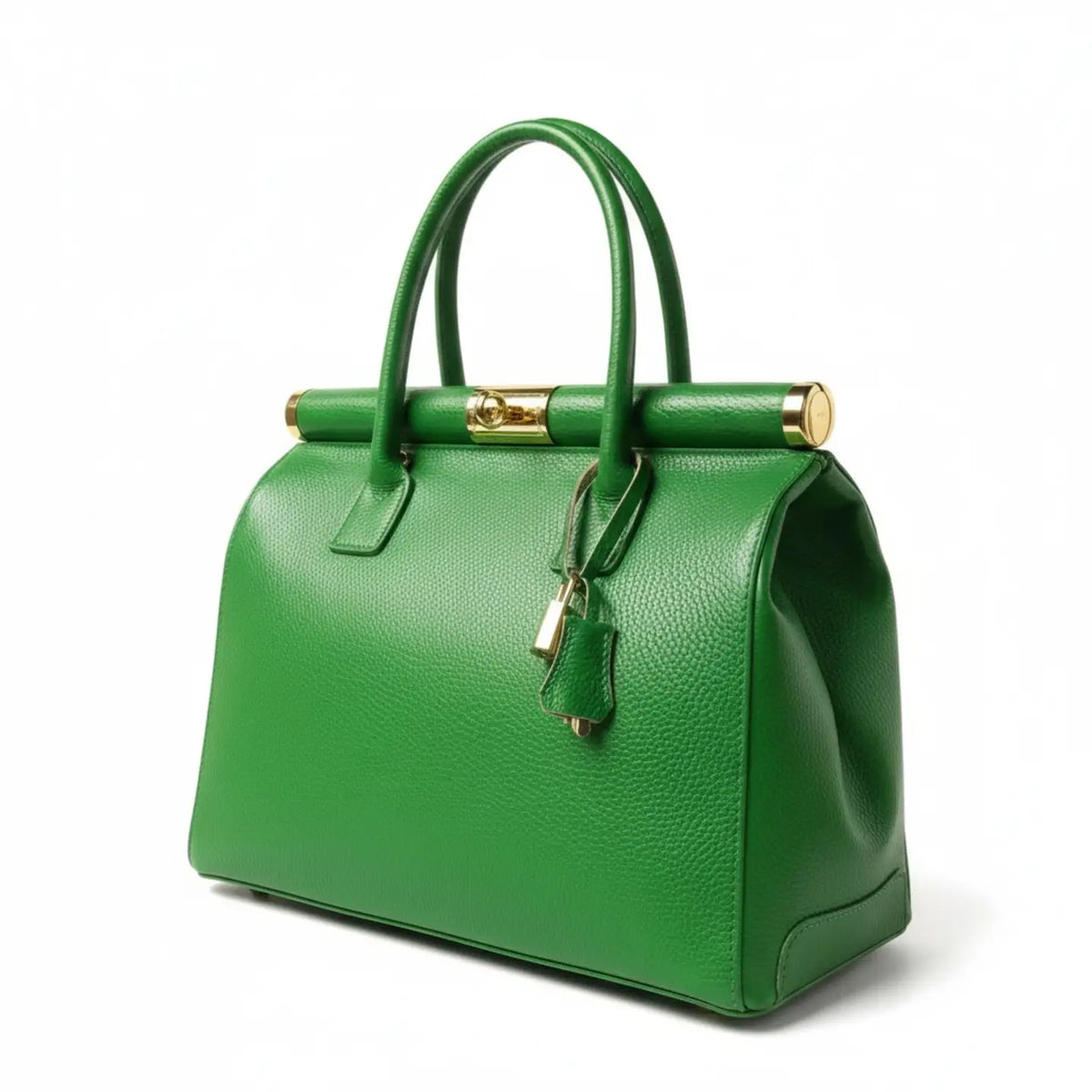 Grüne Lederhandtasche mit Henkeln und goldfarbenem Verschluss