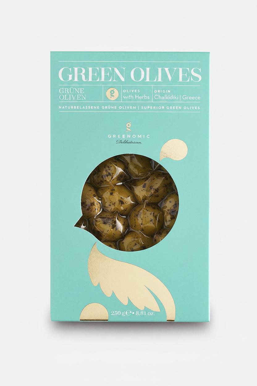 Grüne Oliven aus Chalkidiki 250 g in Verpackung
