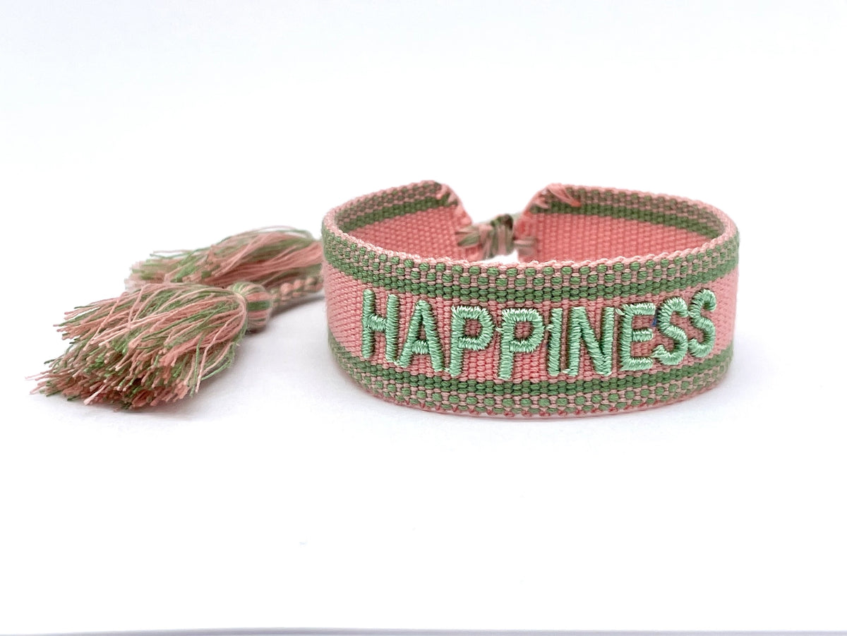 HAPPINESS Statement-Armband in Rosa und Grün mit Stickerei und Quaste