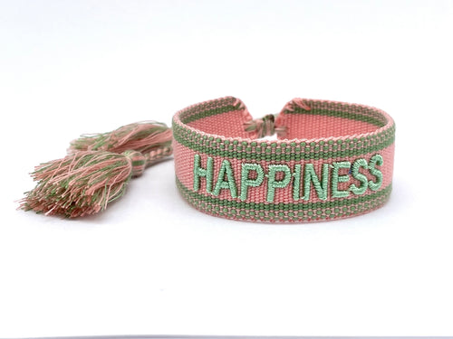 HAPPINESS Statement-Armband in Rosa und Grün mit Stickerei und Quaste