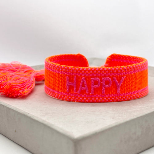 HAPPY Statement-Armband in Neon Coral mit Quaste
