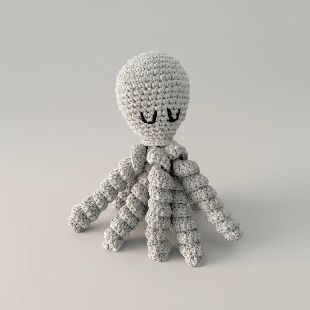 Handgehäkelte Baby-Rassel Oktopus in Grau
