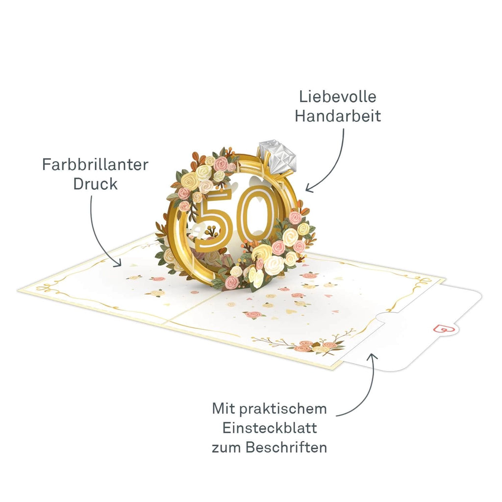 Handgemachte Goldene Hochzeit Pop-Up Karte mit Zahl 50 und Rosen im 3D-Effekt
