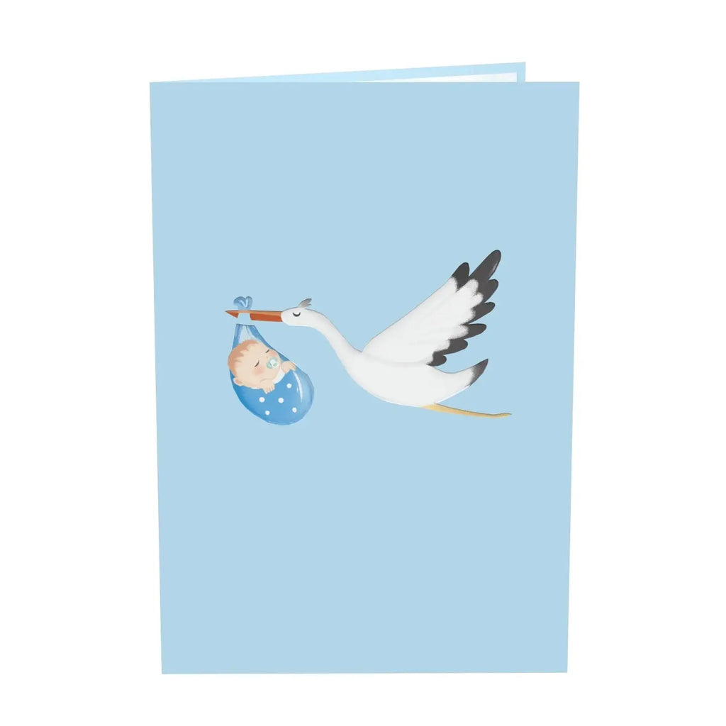 Hellblaue Geburtskarte mit Storch und Baby im blauen Bündel