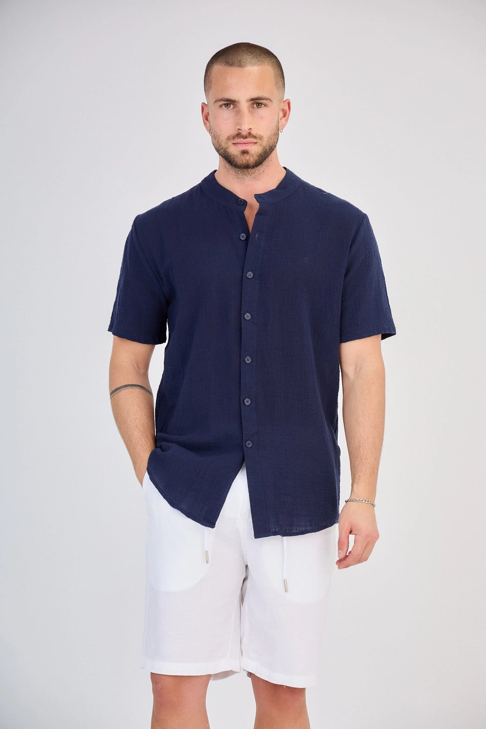 Herren Kurzarm-Hemd in Leinenoptik – Marineblau

