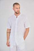 Herren Kurzarm-Hemd in Leinenoptik – Weiss
