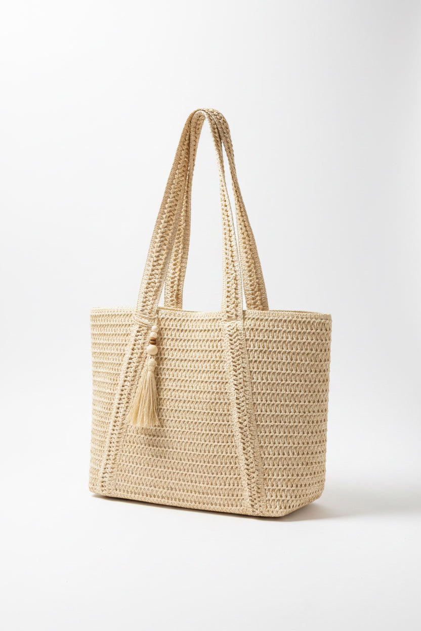 Grosser Shopper in hellem Beige aus geflochtenem Stroh mit lila Streifen und braunen Ledergriffen – Aussenansicht - el encanto