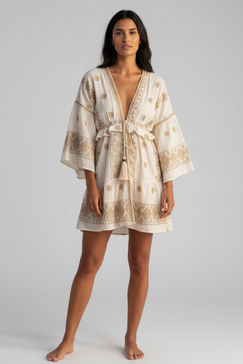Kurze Boho-Tunika in Beige mit Bindegürtel und weiten Ärmeln