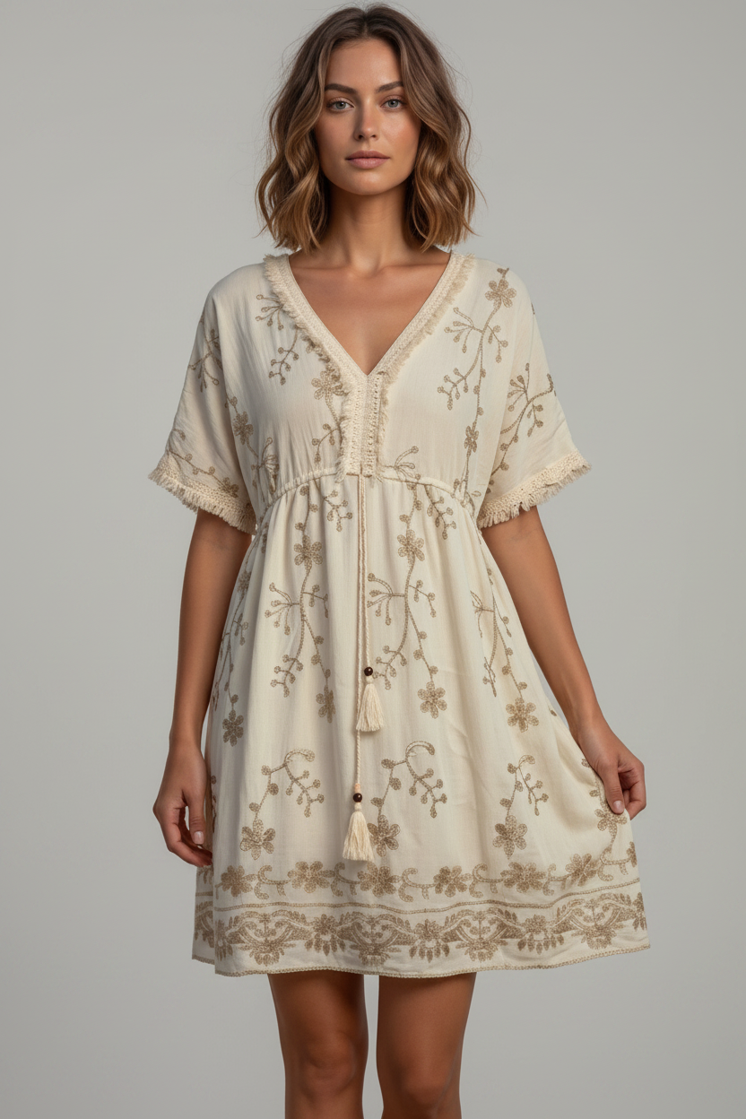 Kurzes Boho-Kleid in Beige mit Stickerei und Quasten