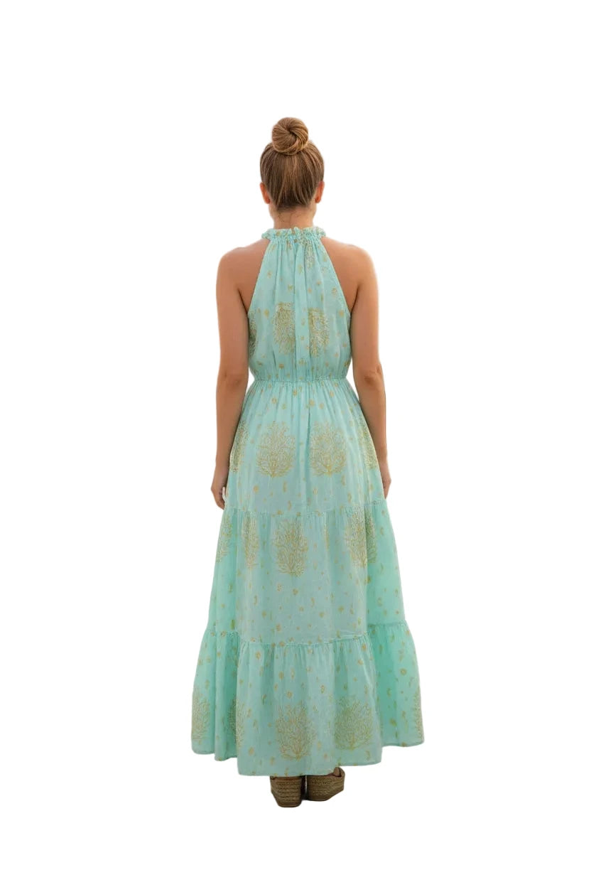 Maxikleid Aquamarin mit Golddetails – Rückansicht