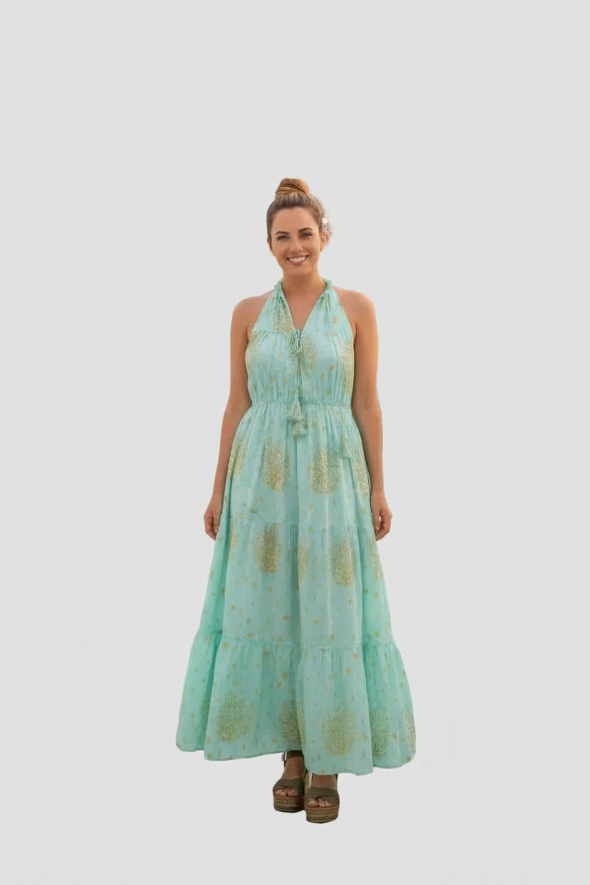 Maxikleid Aquamarin mit Golddetails – Vorderansicht