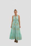 Maxikleid Aquamarin mit Golddetails – Vorderansicht
