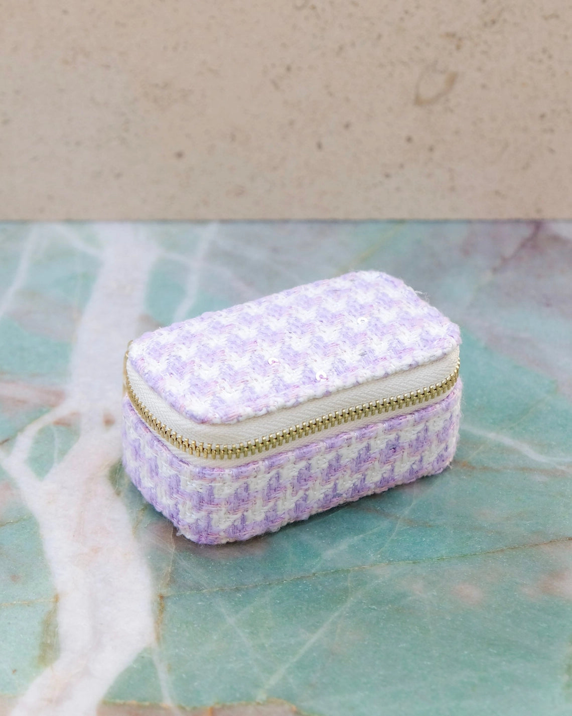 Mini-Reiseschmuckkästchen Leinen Hahnentrittmuster Mauve – Geschlossene Ansicht – el encanto