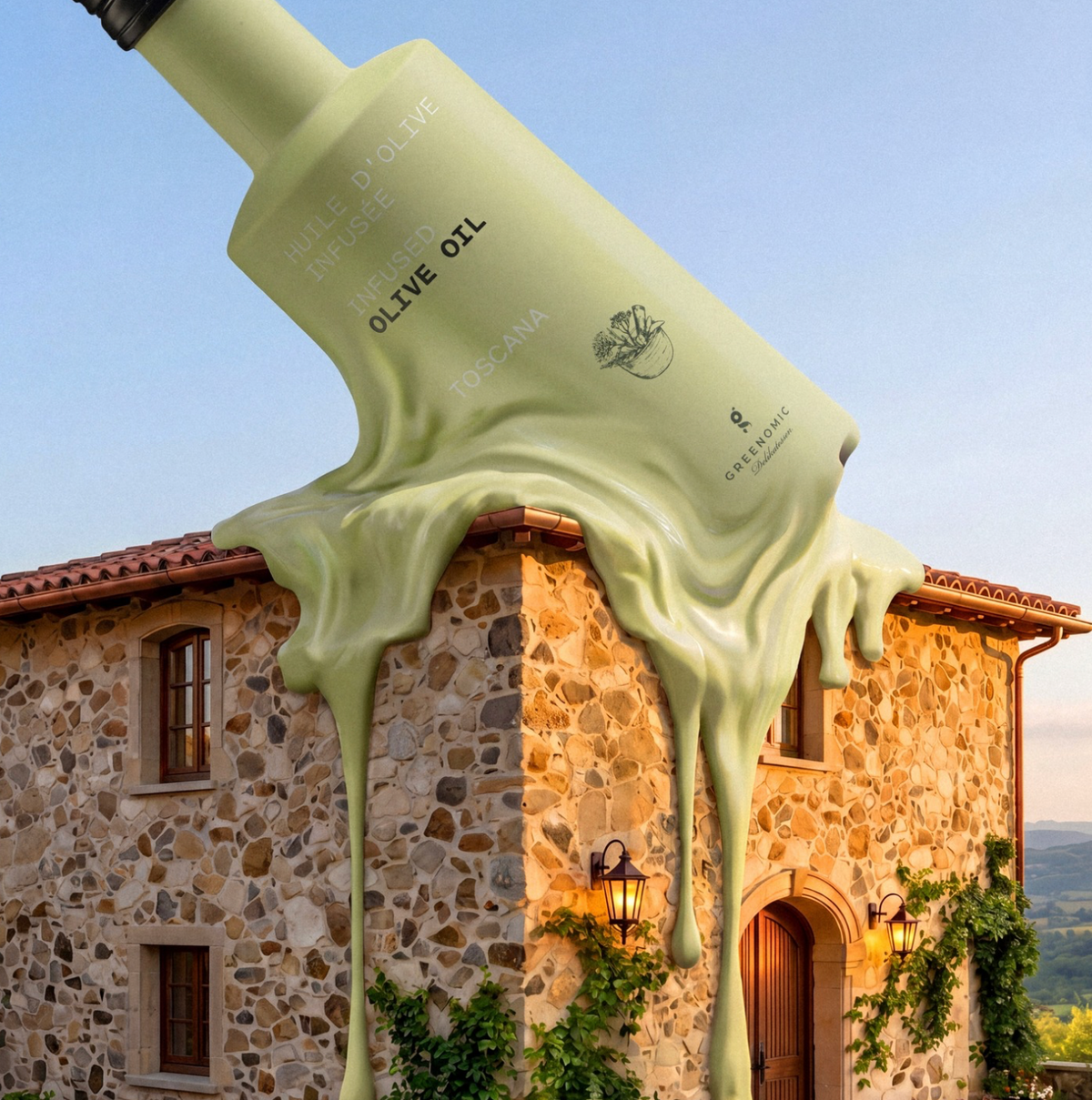 Olivenöl Toscana 250 ml vor mediterraner Toscana-Kulisse
