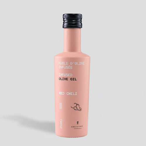 Olivenöl mit Chili 250 ml in roter COLORFUL Designflasche
