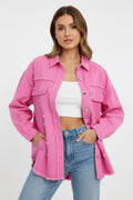 Pinke Damen-Hemdjacke im Denim-Look mit ausgefransten Details