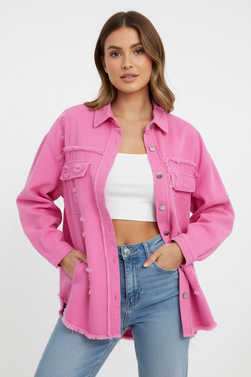Pinke Damen-Hemdjacke im Denim-Look mit ausgefransten Details