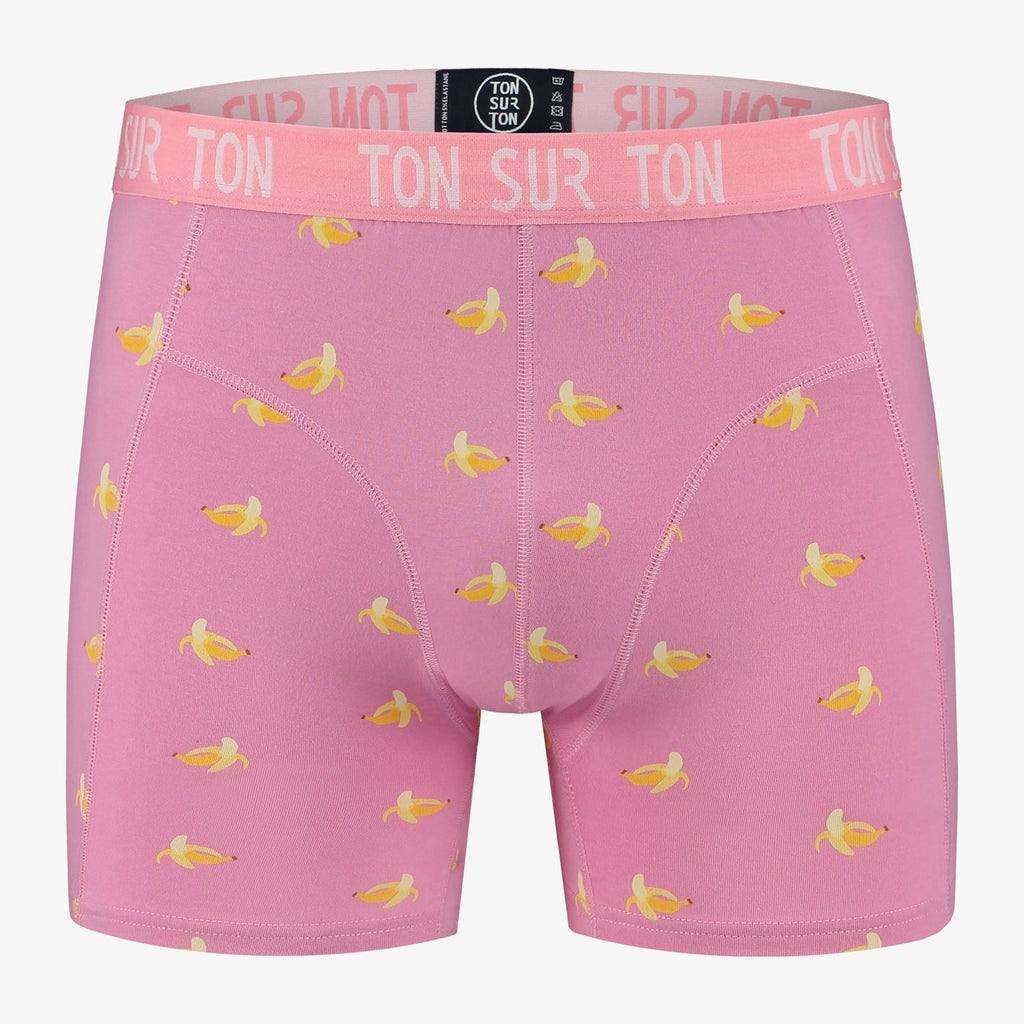 Pinke Herren-Boxershorts aus Bio-Baumwolle mit Bananen-Motiv

