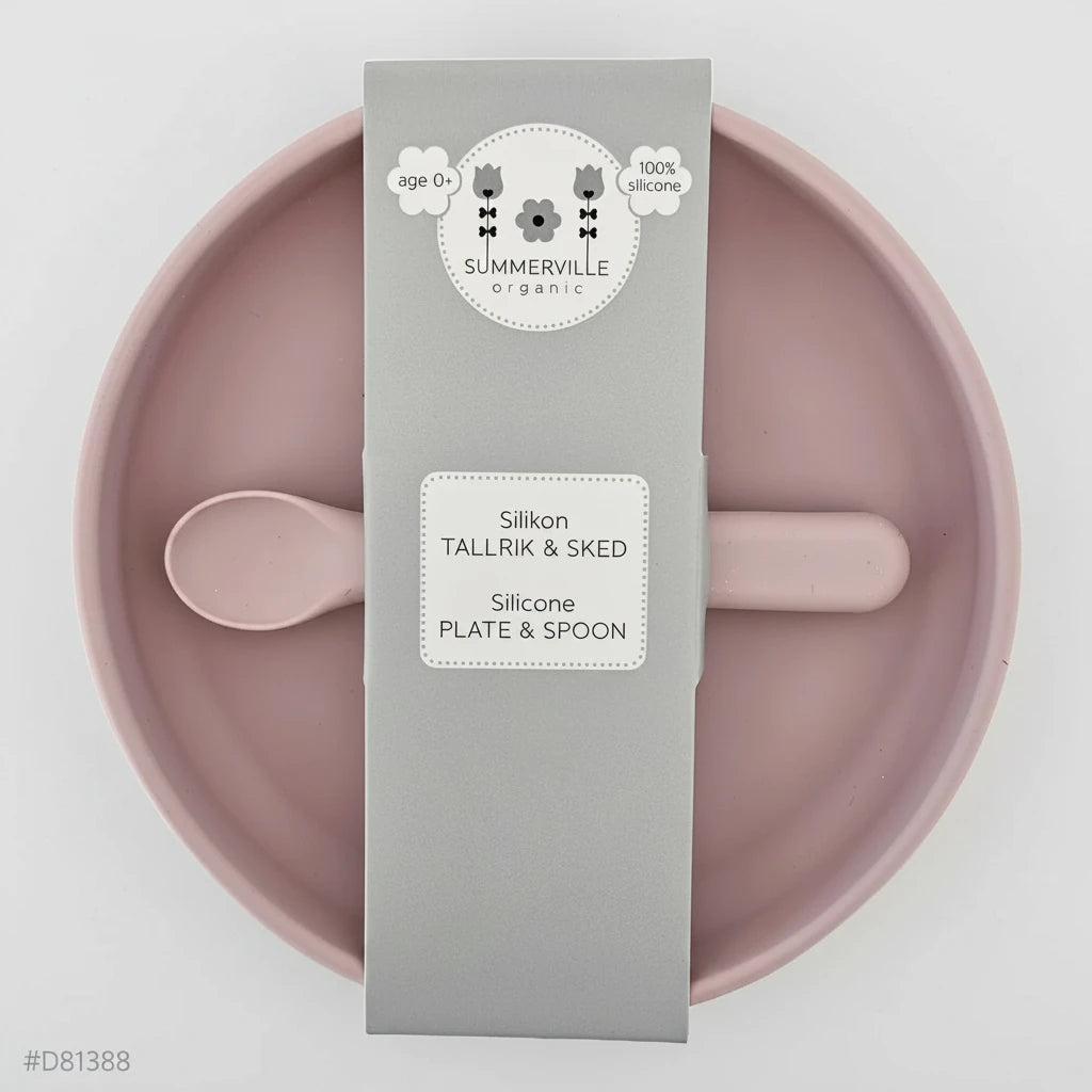 Rosa Baby Silikon-Teller & Löffel Set mit Verpackung