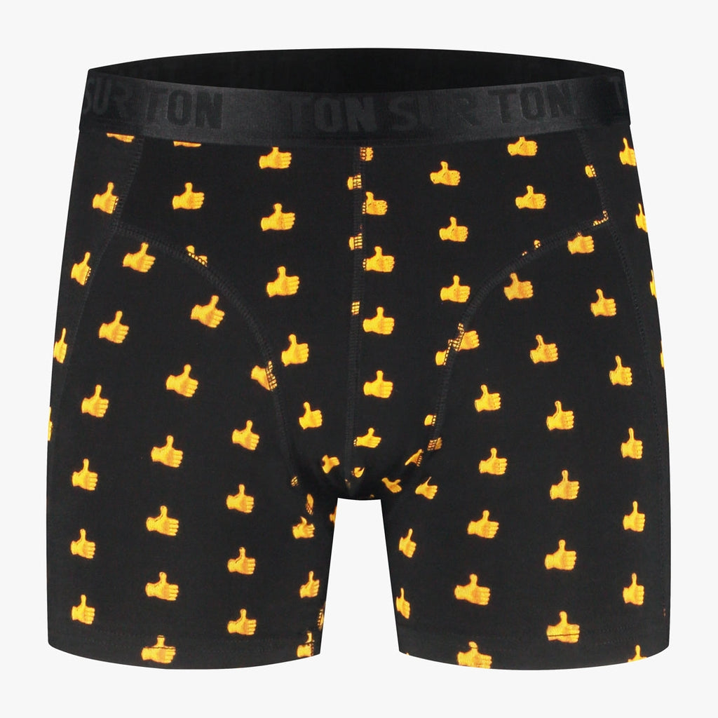 Schwarze Herren-Boxershorts mit gelbem Daumenhoch Motiv
