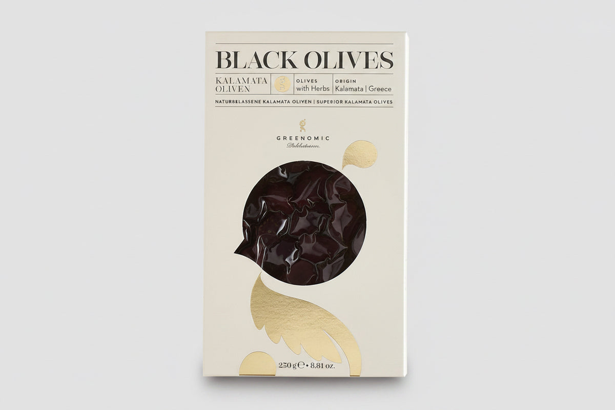 Schwarze Kalamata Oliven aus Griechenland 250 g in Verpackung
