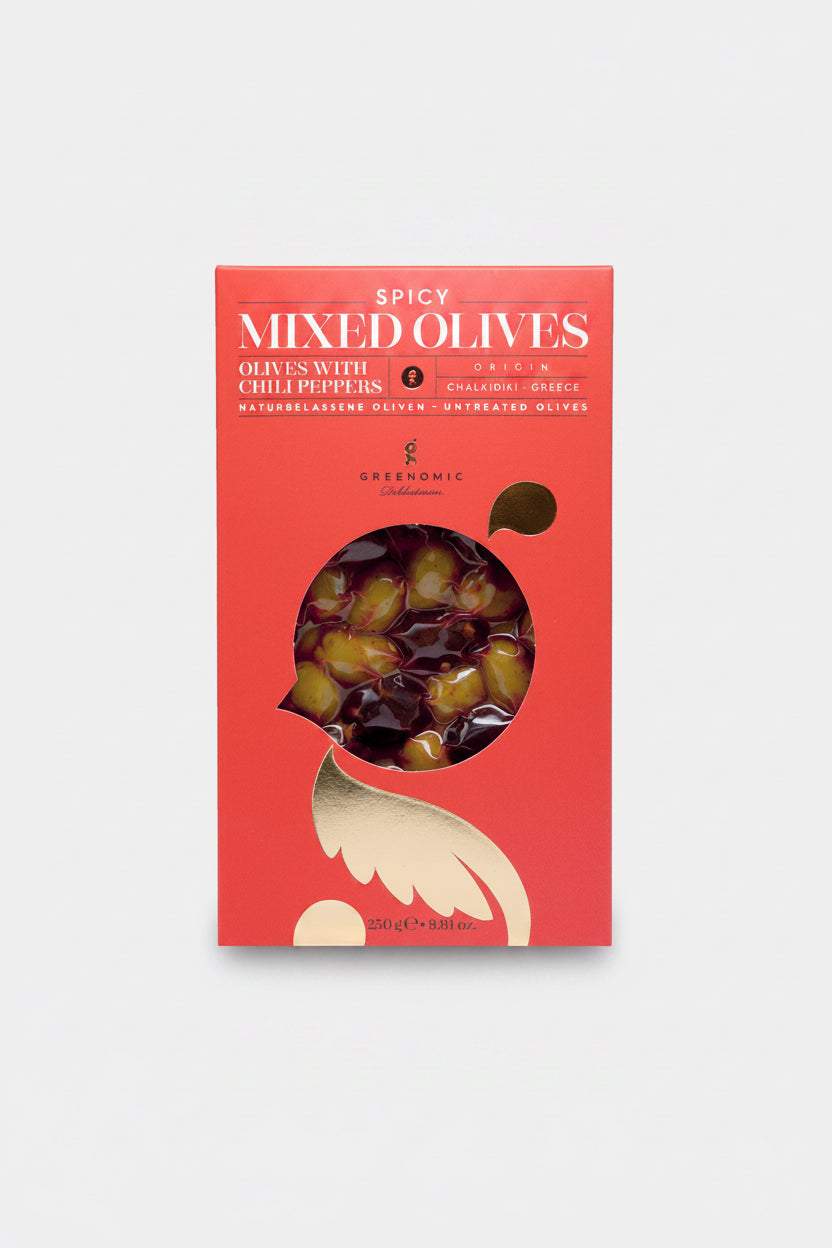 Würzige mediterrane Olivenmischung mit Chili 250 g in Verpackung
