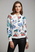 Weisse Damen-Bomberjacke mit farbenfrohem Blumen- und Blätterprint