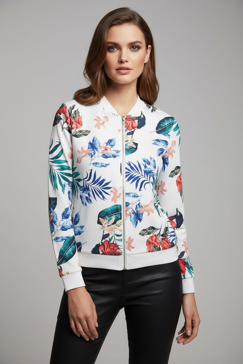 Weisse Damen-Bomberjacke mit farbenfrohem Blumen- und Blätterprint
